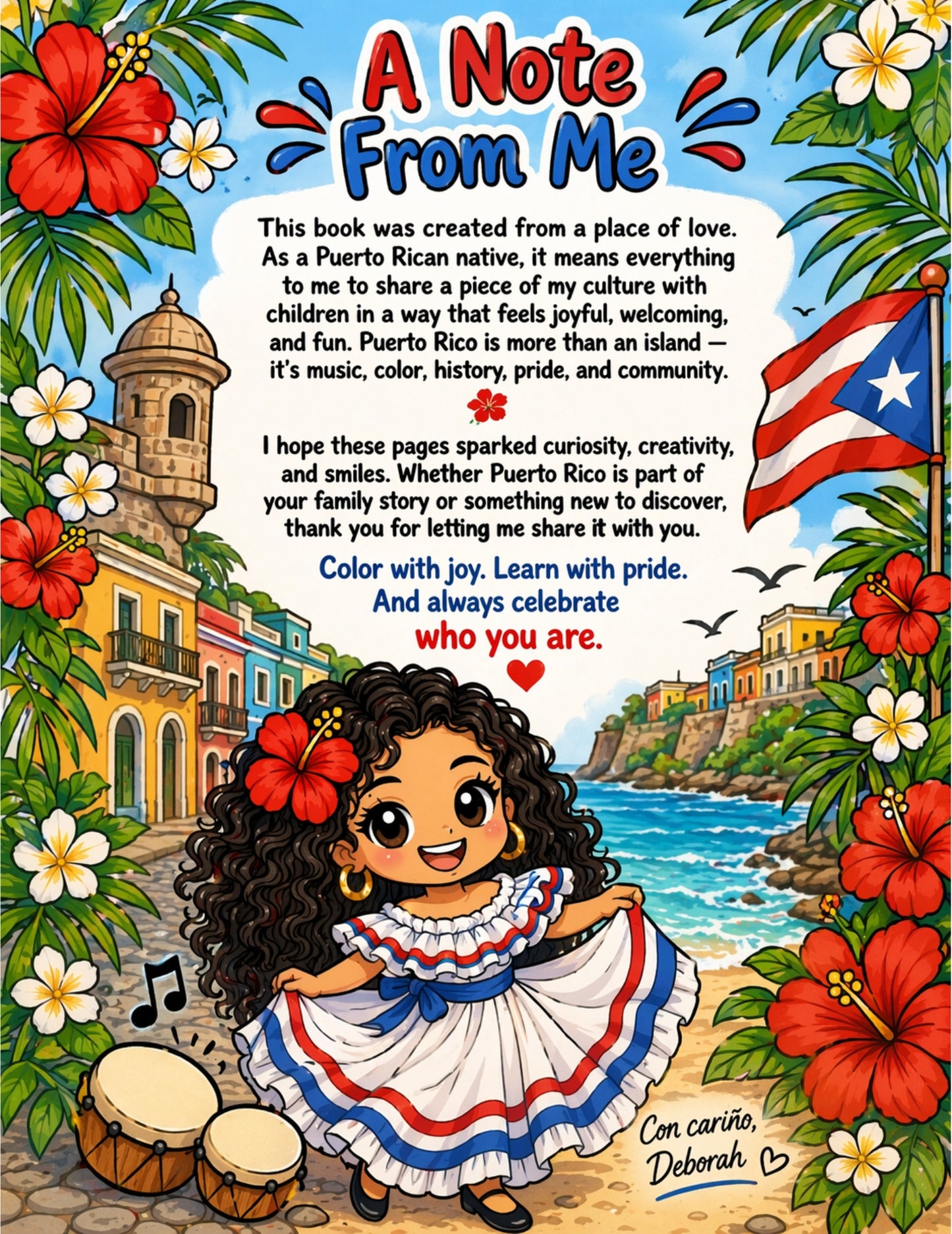 Book cover with a Puerto Rican girl, flowers, and a flag, featuring text about sharing culture.