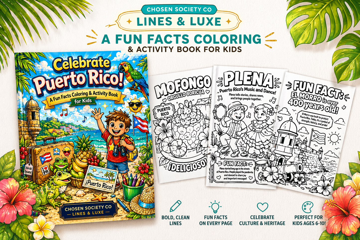 Coloring book and pages for kids featuring Puerto Rico with tropical plants and flowers.