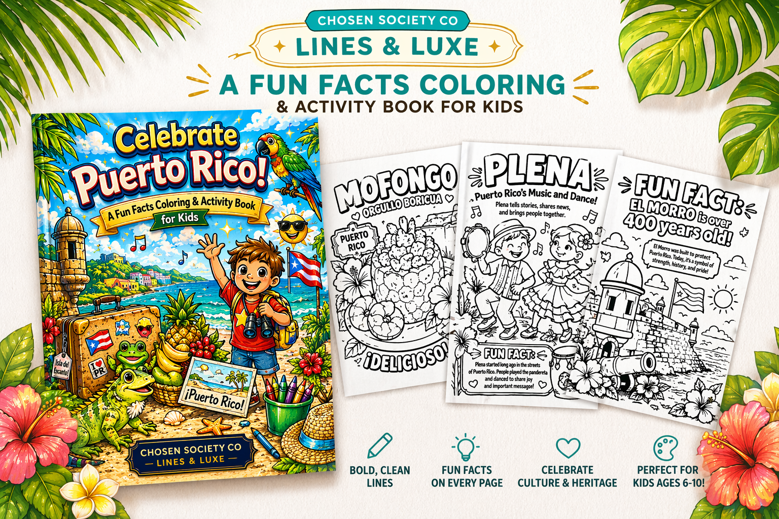 Coloring book and pages for kids featuring Puerto Rico with tropical plants and flowers.