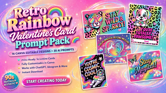 Promotional graphic for a retro rainbow Valentine's card prompt pack with colorful designs and text.