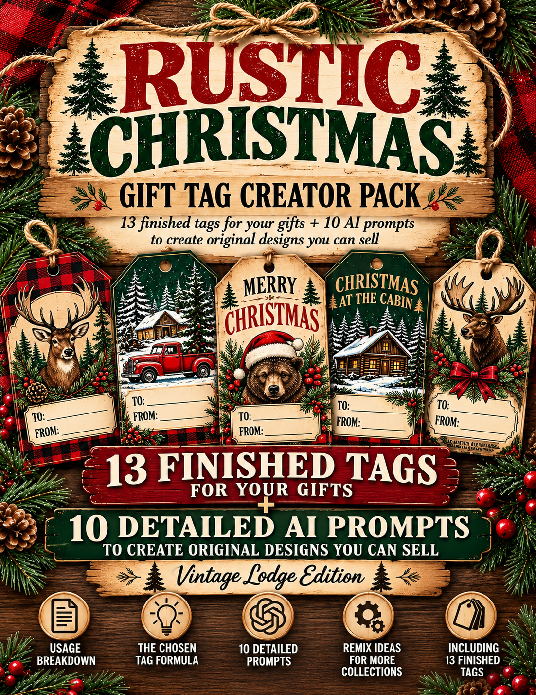 Rustic Christmas Gift Tag Creator Pack | 13 Printable Tags + 10 AI Prompts | Vintage Lodge Edition