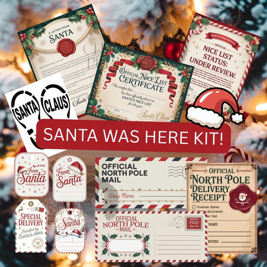 Santa Was Here Kit | Editable Canva Bundle: Letters, Certificates, Delivery Tags, Boot Print Stencil, Magic Snow & Photo Proof Prompt