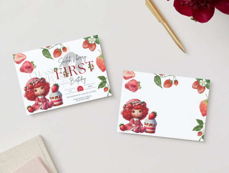 Strawberry Shortcake Birthday Invitation | Editable Canva Template | Printable Girl’s Party Invite
