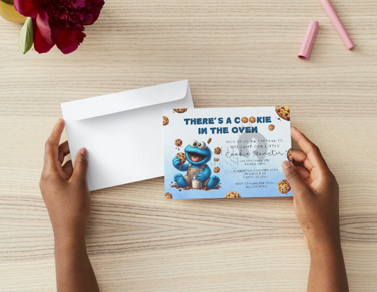 Cookie Monster Baby Shower Invitation & Banner | “There’s a Cookie in the Oven” | Editable Canva Templates
