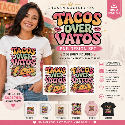 Promotional graphic for 'Tacos Over Vatos' design set by Chosen Society Co.