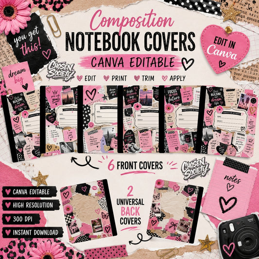 Teen Scrapbook Composition Notebook Covers | Canva Editable | 6 Front + 2 Universal Back Covers | Printable School Notebook Covers | Instant Download
