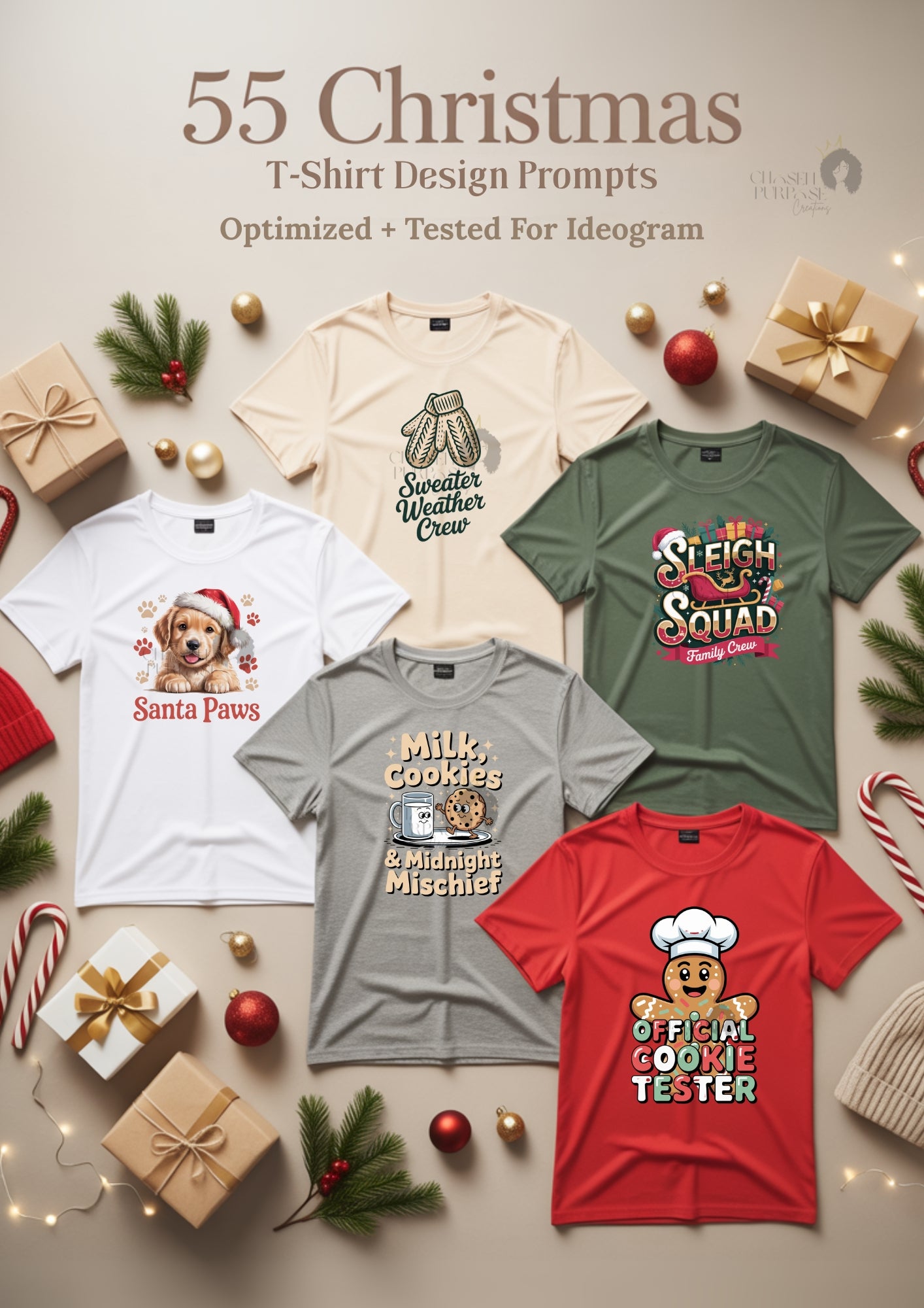 55 Christmas T-Shirt Prompt Pack & Guide | Tested + Optimized Prompts for Ideogram | Copy-Paste AI Prompts with Instructions Included