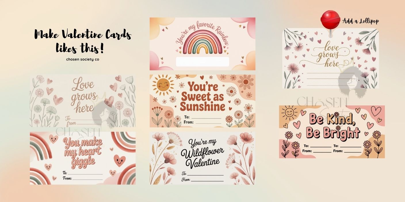 Boho Valentine’s Day Card Creator Pack | 30 Kid-Friendly Prompts + 12 Pre-Made Printable Set | Pastel Rainbows, Hearts & Flowers