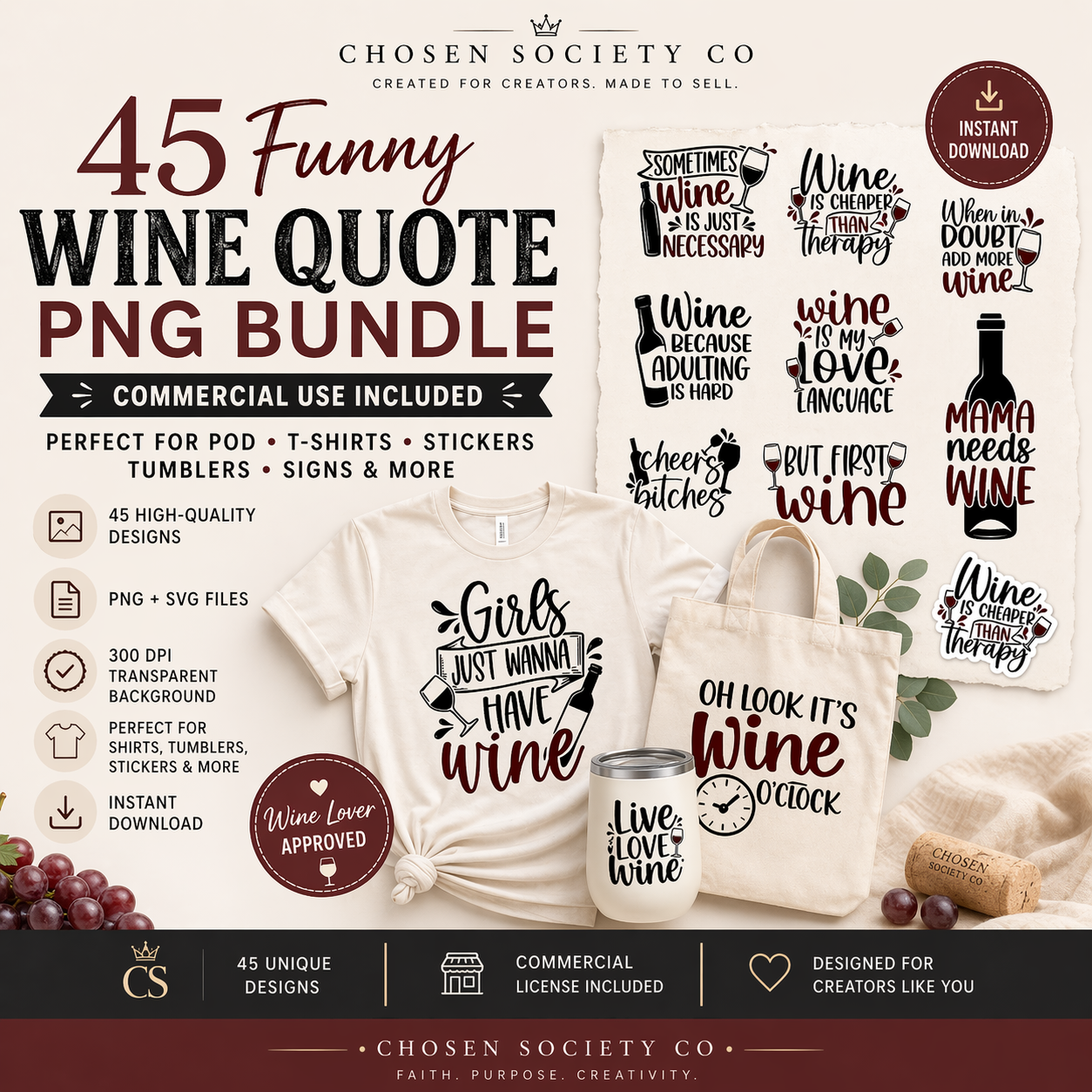 Promotional graphic for a 45 Funny Wine Quote PNG Bundle by Chosen Society Co, featuring t-shirts, tumblers, and a tote bag with wine-themed designs.
