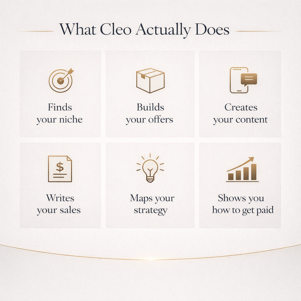 List of what Cleo does with icons and text on a white background