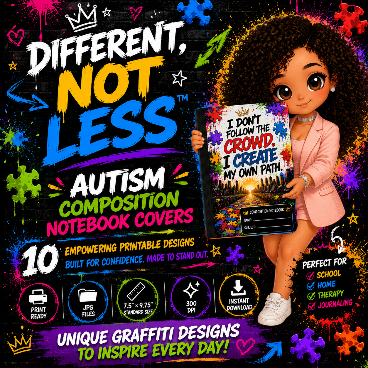 Different, Not Less™ Urban Autism Composition Notebook Covers | 10 Printable Graffiti Designs | Canva Ready