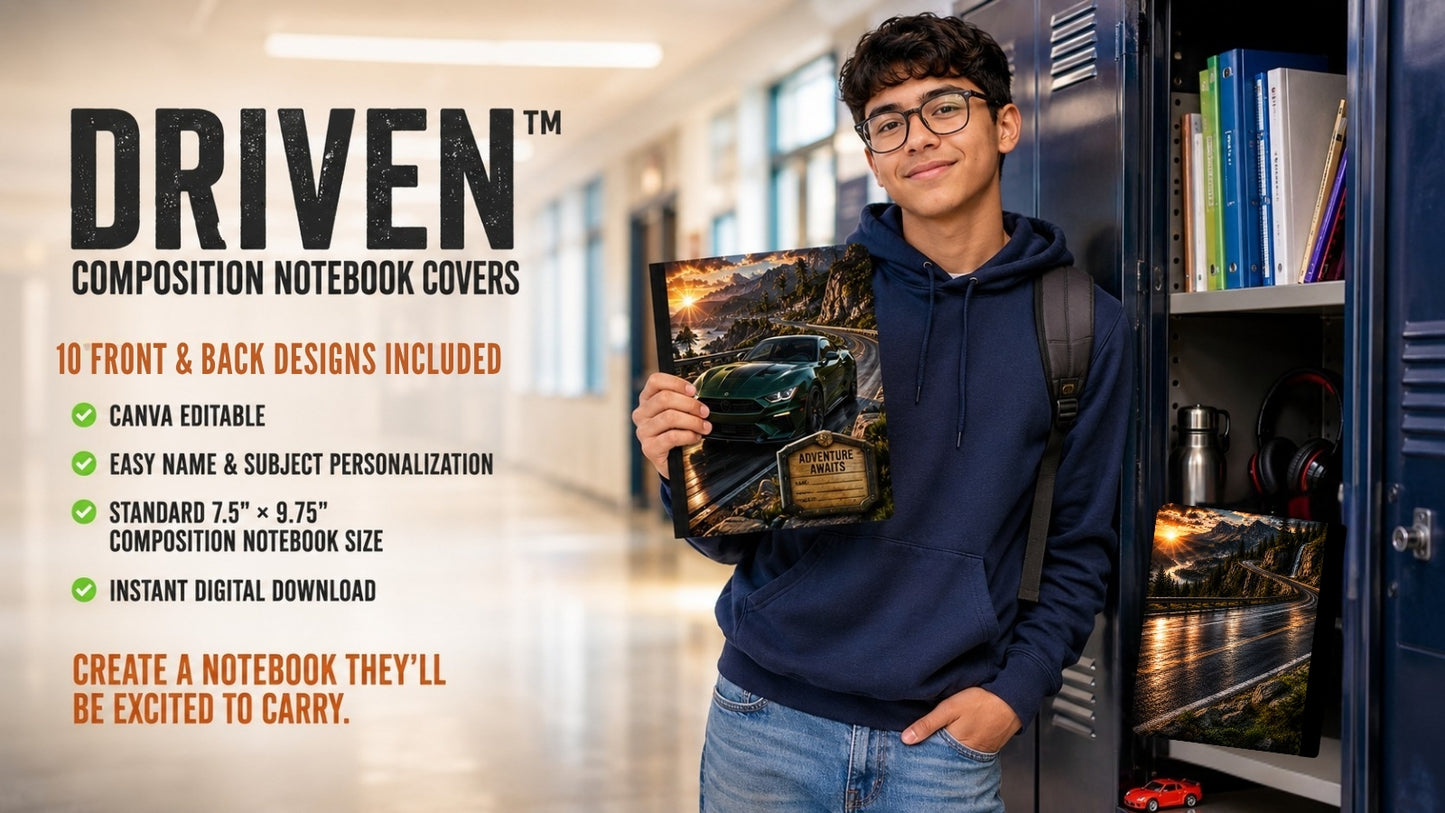 🚗 Driven™ Composition Notebook Cover Collection | 10 Canva Editable Front & Back Covers | Boys School Notebook Covers | Printable 7.5" x 9.75" | Instant Download
