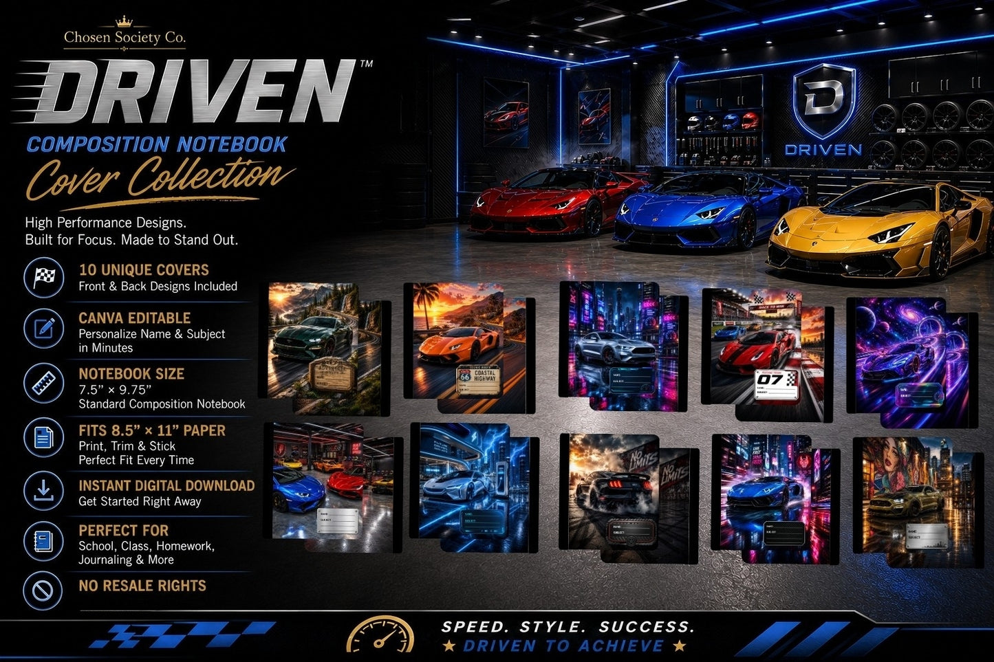 🚗 Driven™ Composition Notebook Cover Collection | 10 Canva Editable Front & Back Covers | Boys School Notebook Covers | Printable 7.5" x 9.75" | Instant Download