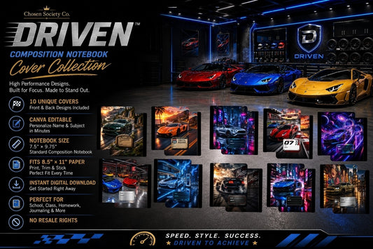 🚗 Driven™ Composition Notebook Cover Collection | 10 Canva Editable Front & Back Covers | Boys School Notebook Covers | Printable 7.5" x 9.75" | Instant Download