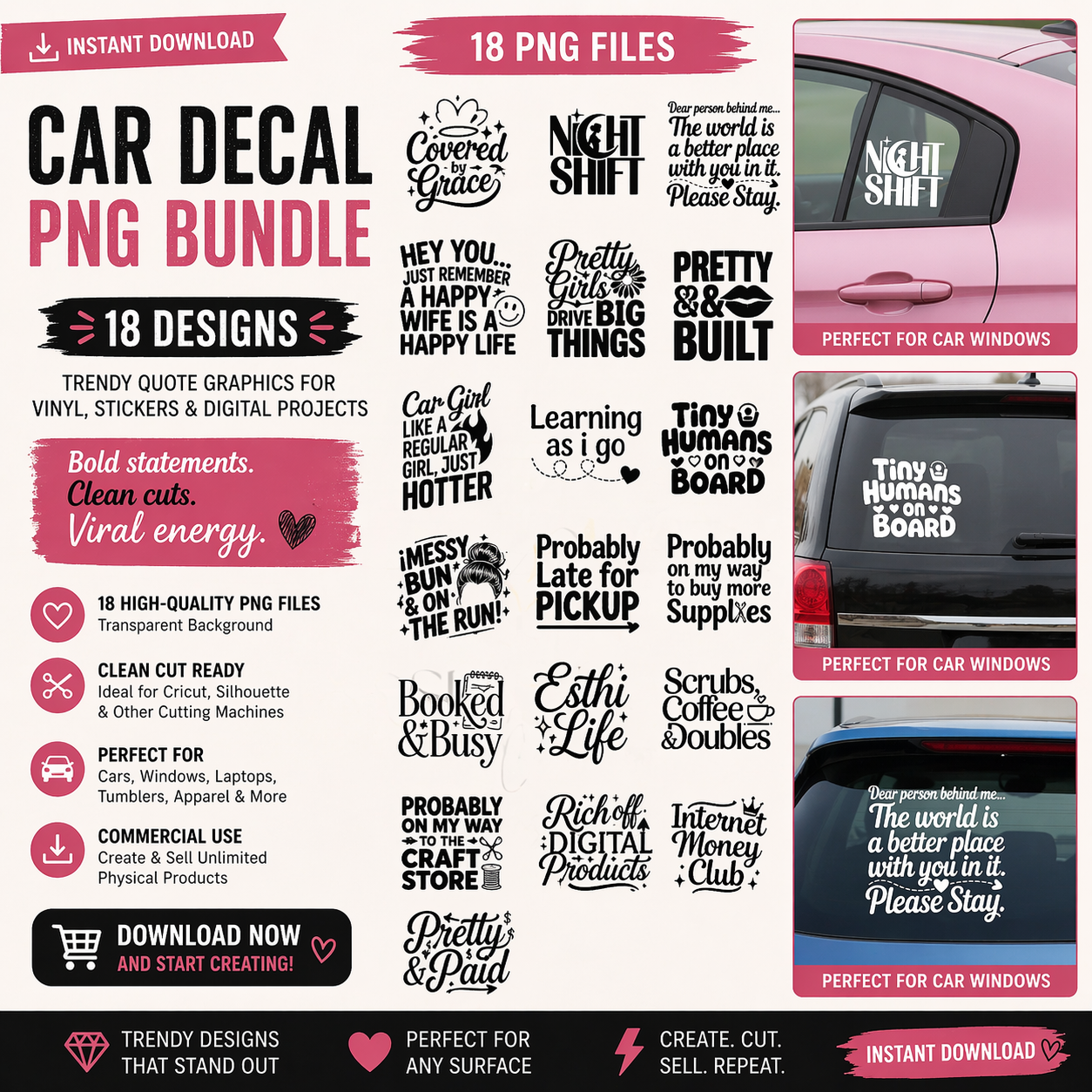 Car decal PNG bundle with various designs for vinyl stickers and digital projects.