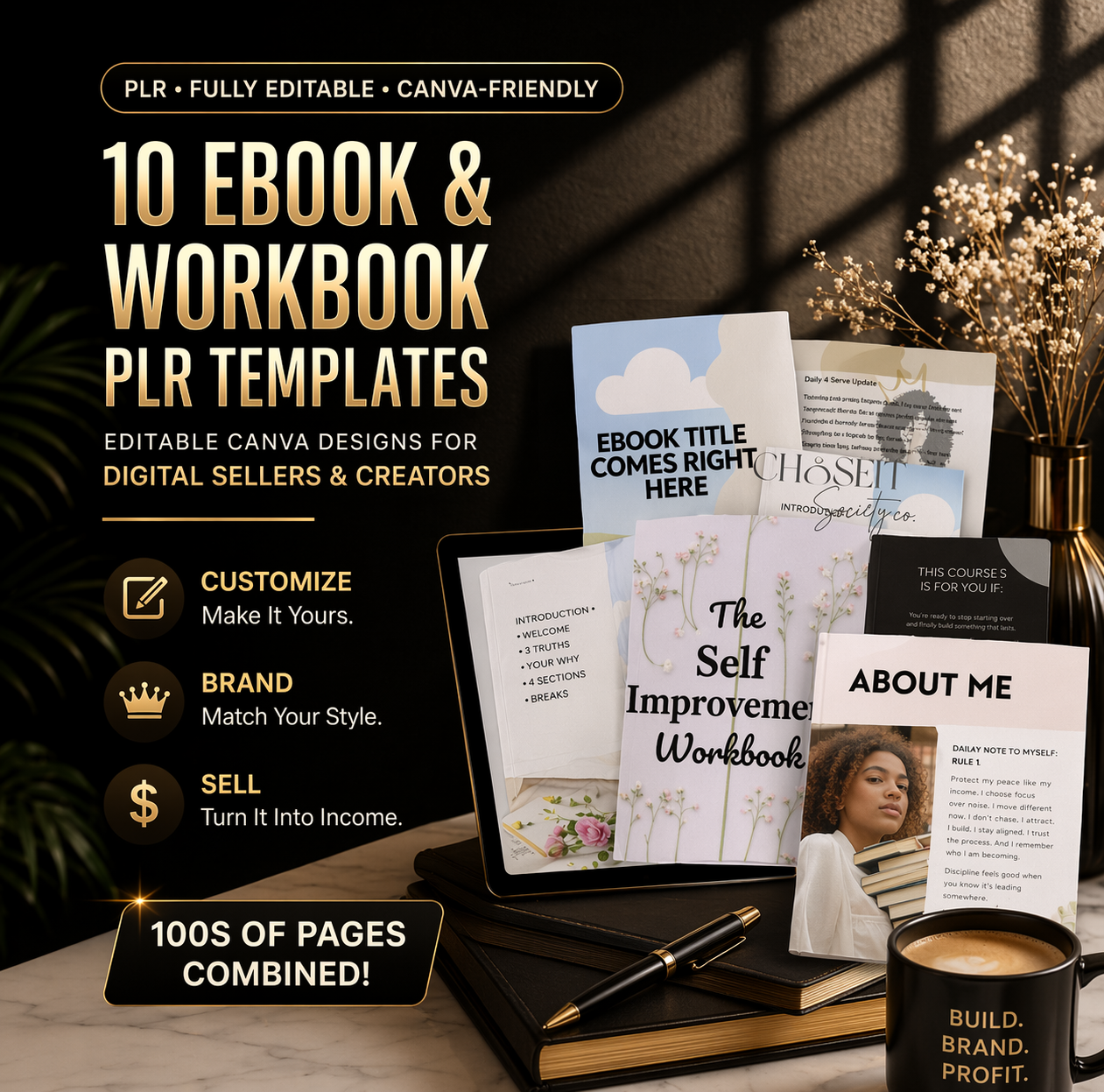 Ebook and workbook PLR templates with a laptop, pen, and coffee cup on a wooden surface.