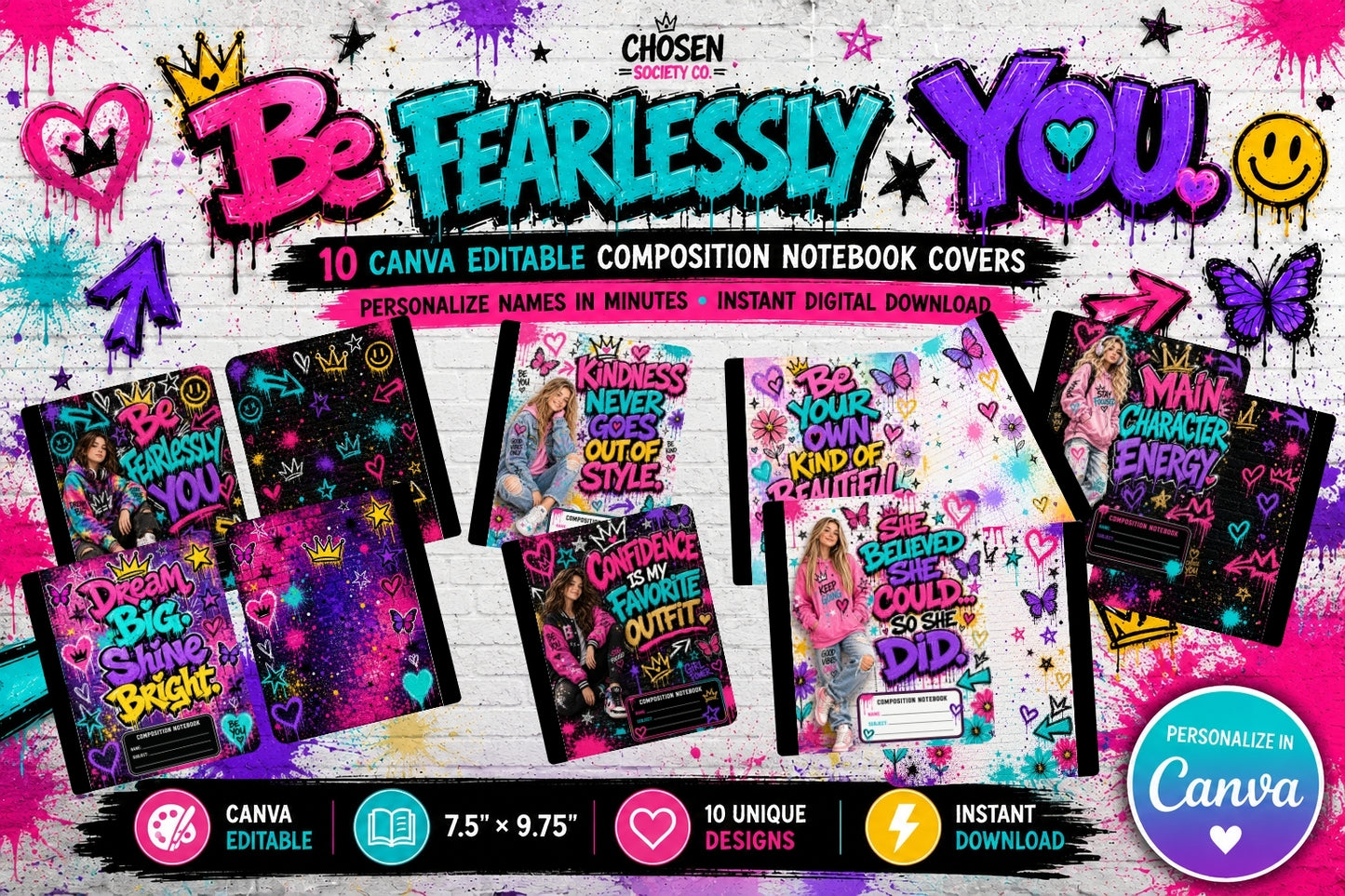 Be Fearlessly You™ Graffiti Composition Notebook Cover Collection | 10 Canva Editable School Covers | Inspirational Back to School Bundle | 7.5 x 9.75 Digital Download