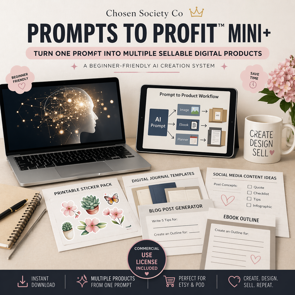 Prompts to Profit Mini+ product display with laptop, tablet, and printed materials on a desk.