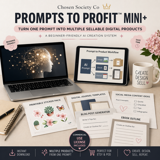 Prompts to Profit Mini+ product display with laptop, tablet, and printed materials on a desk.