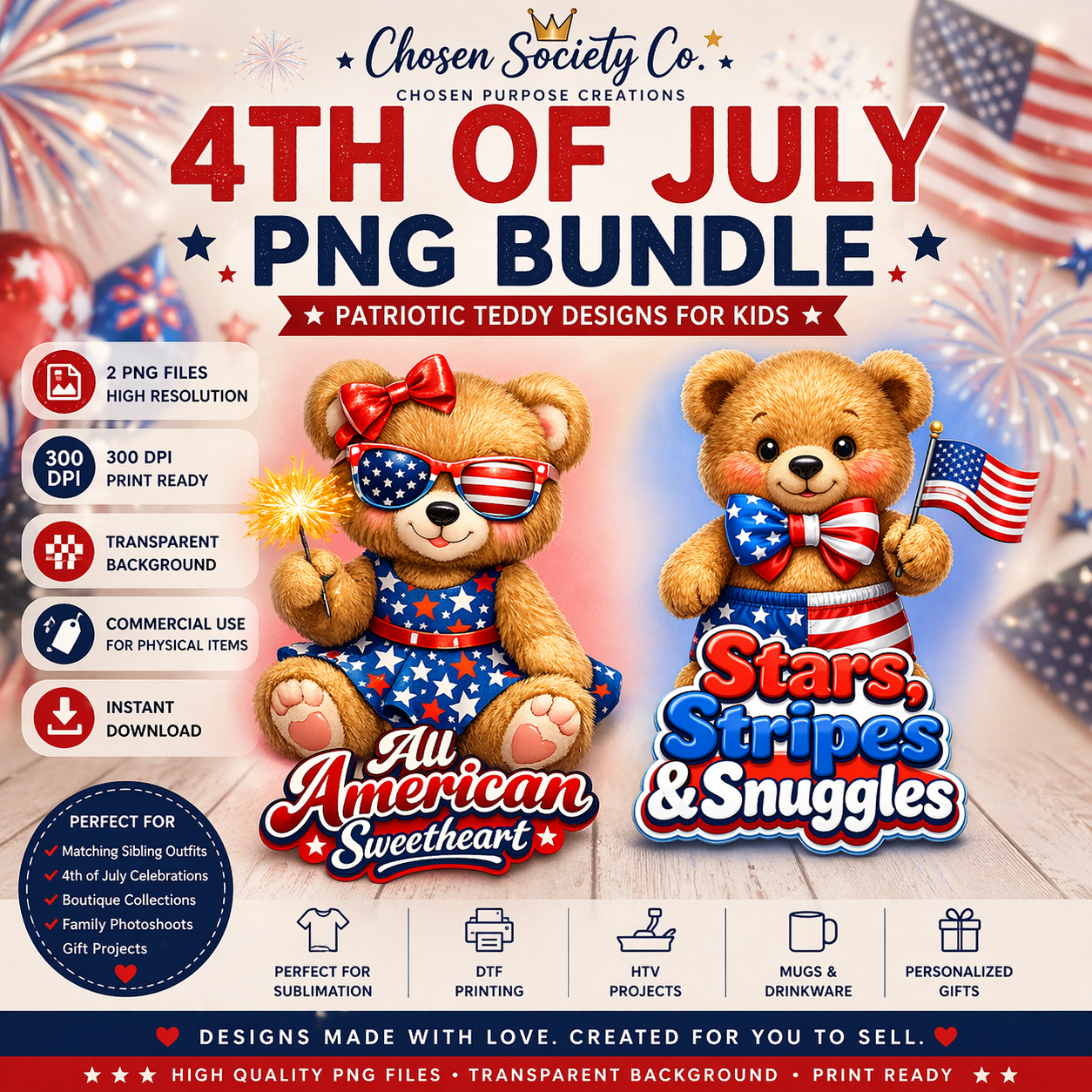 Promotional image for 4th of July PNG bundle featuring patriotic teddy bears with American-themed designs.