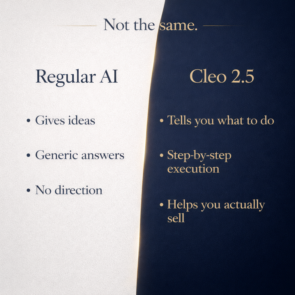 Comparison chart between 'Regular AI' and 'Cleo 2.5' with text on a white and navy background.