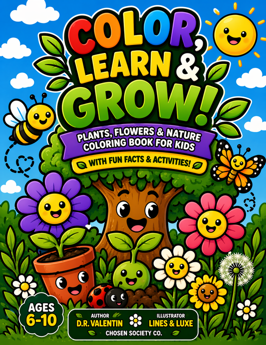Color, Learn & Grow coloring book with plants, flowers, and nature-themed illustrations.