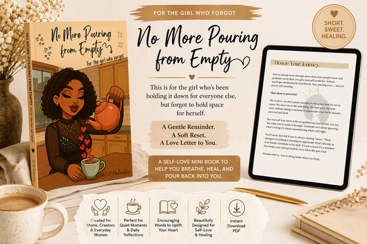 Book titled 'No More Pouring from Empty' with a digital version on a tablet, coffee cup, and notebook in the background.