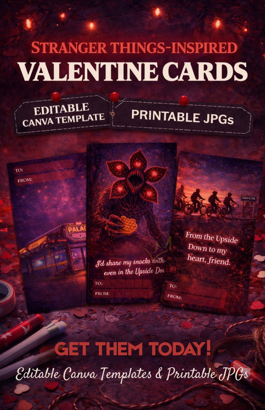 Stranger Things–Inspired Valentine Cards Set of 12 | Editable Canva Template + JPG Files | Printable Valentine’s Day Cards